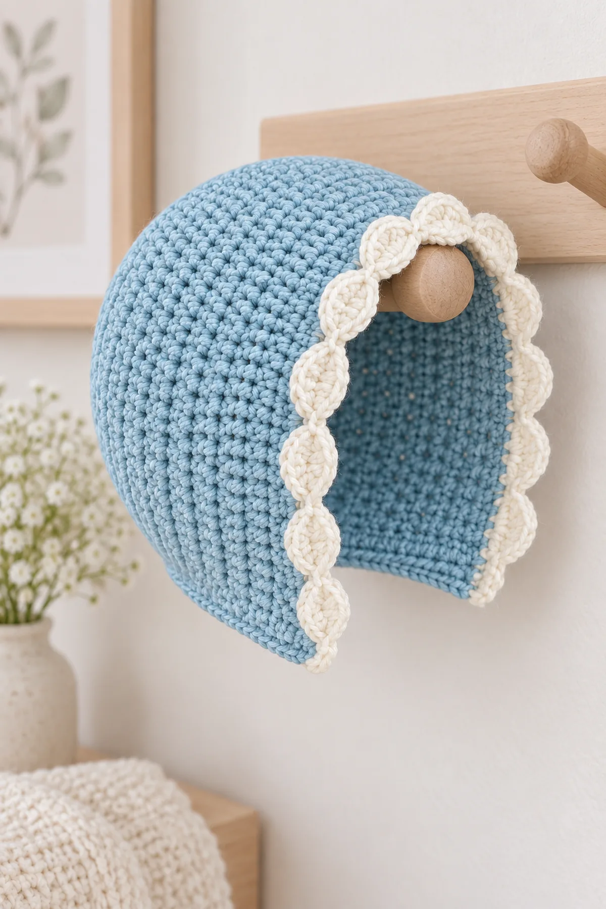 Finished robin-egg and ivory scallop baby bonnet displayed on a plain nursery peg without a baby