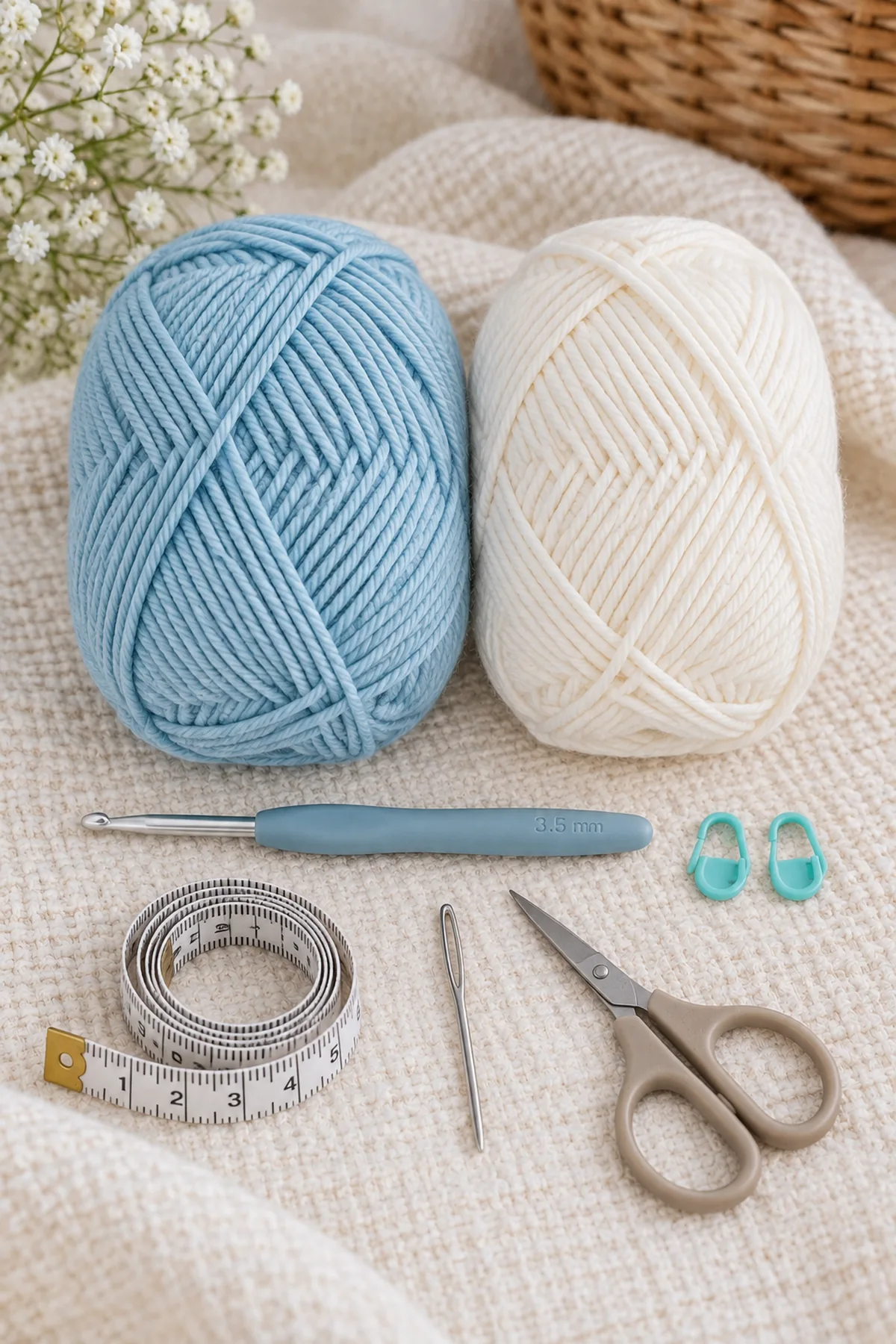 Robin-egg-blue and ivory DK yarn, 3.5 mm hook, two markers, tape measure, needle, and scissors