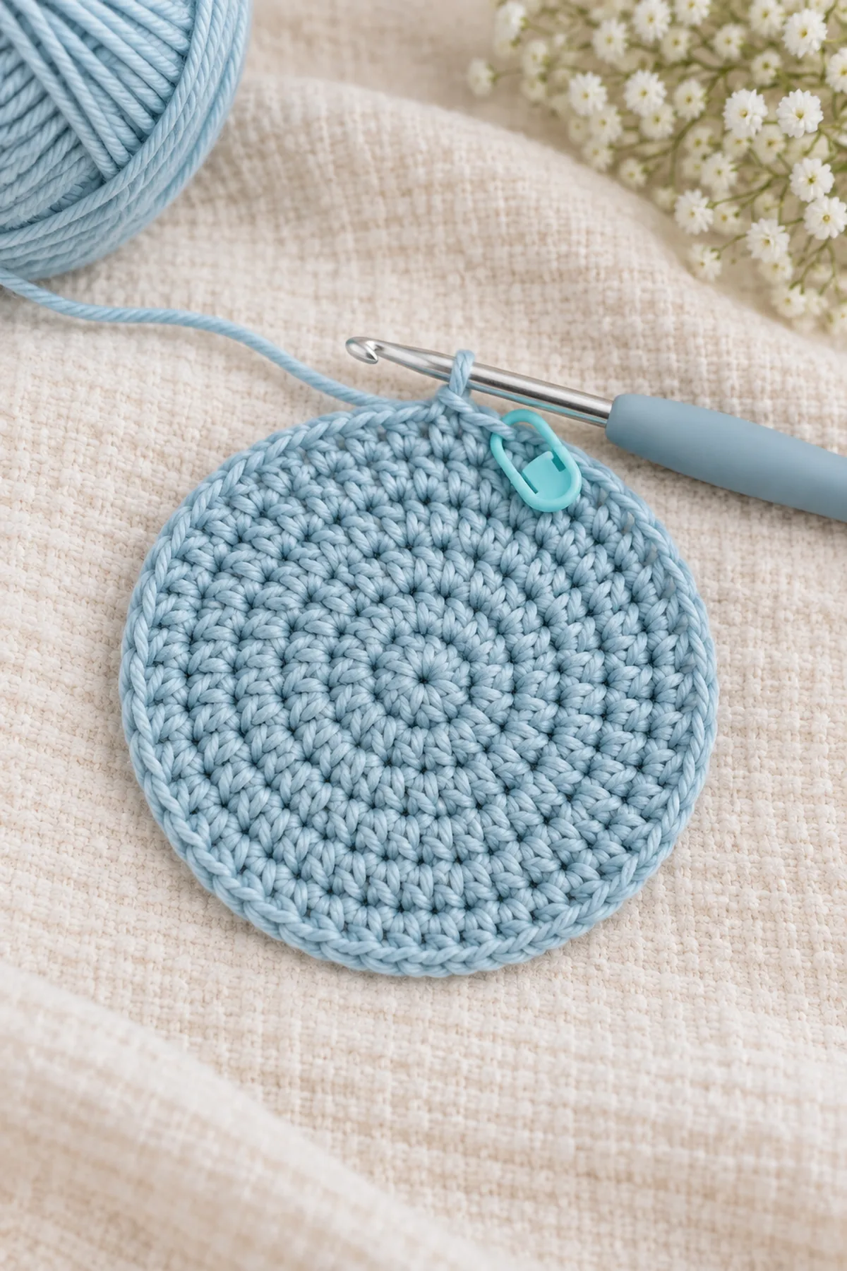 Flat robin-egg-blue bonnet crown increased evenly to 40 stitches with marker and hook