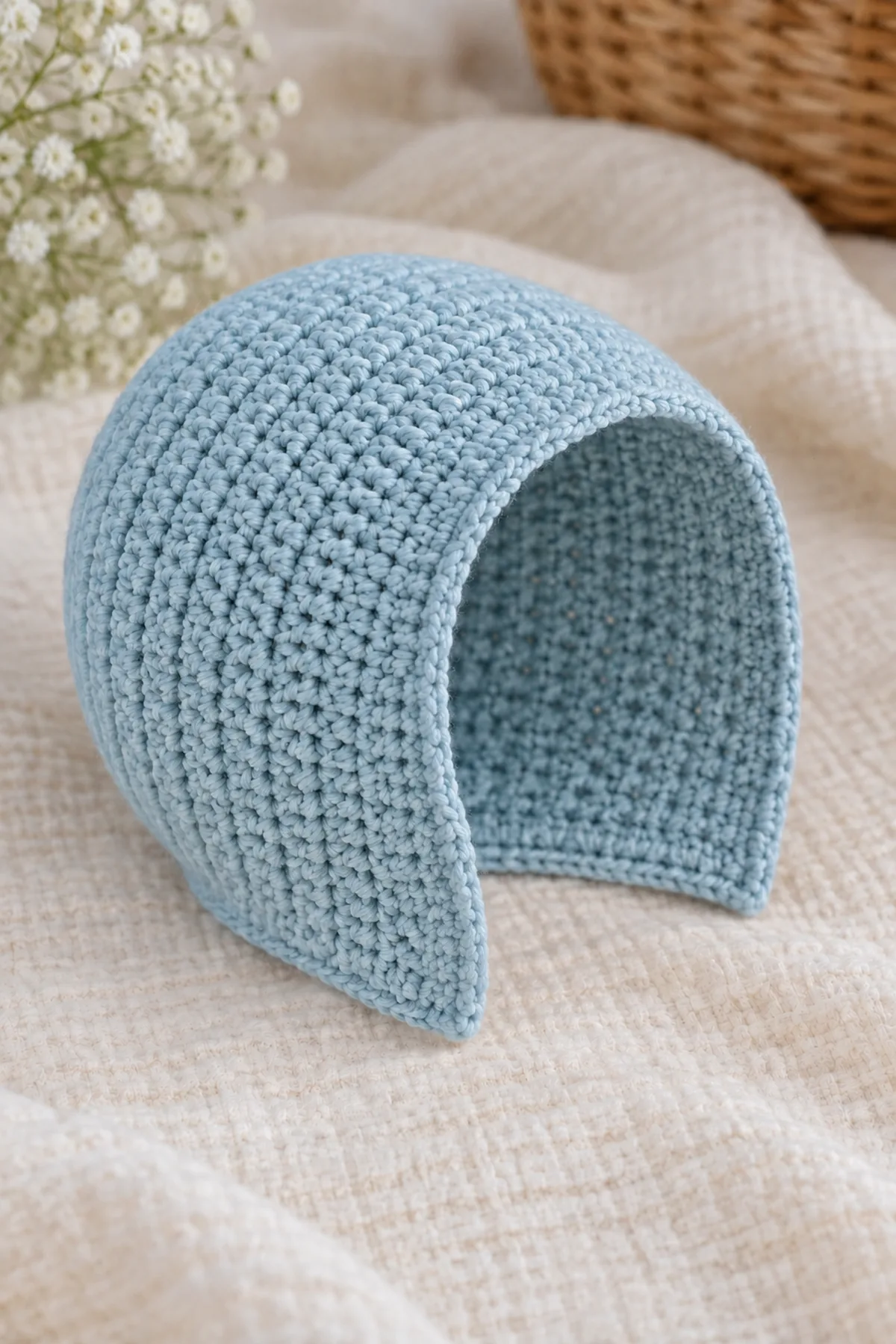 Unfinished blue bonnet after straight depth rounds and before ivory shell edging