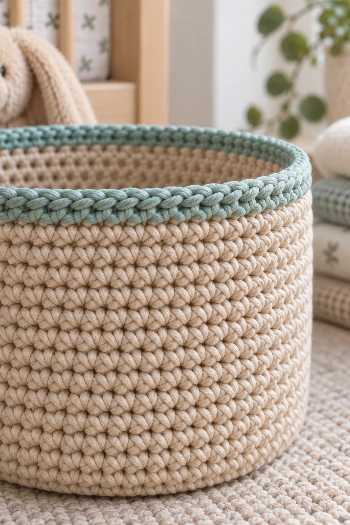 Close view of dense sand single-crochet basket sides and narrow aqua reverse-single-crochet rim