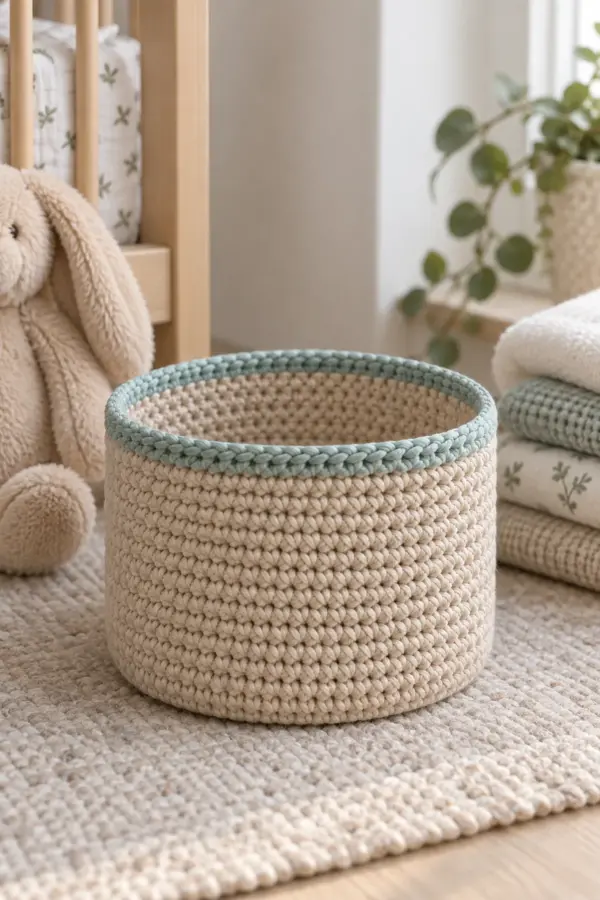 Compact sand-beige cotton crochet nursery basket with flat base straight sides and narrow muted-aqua rim
