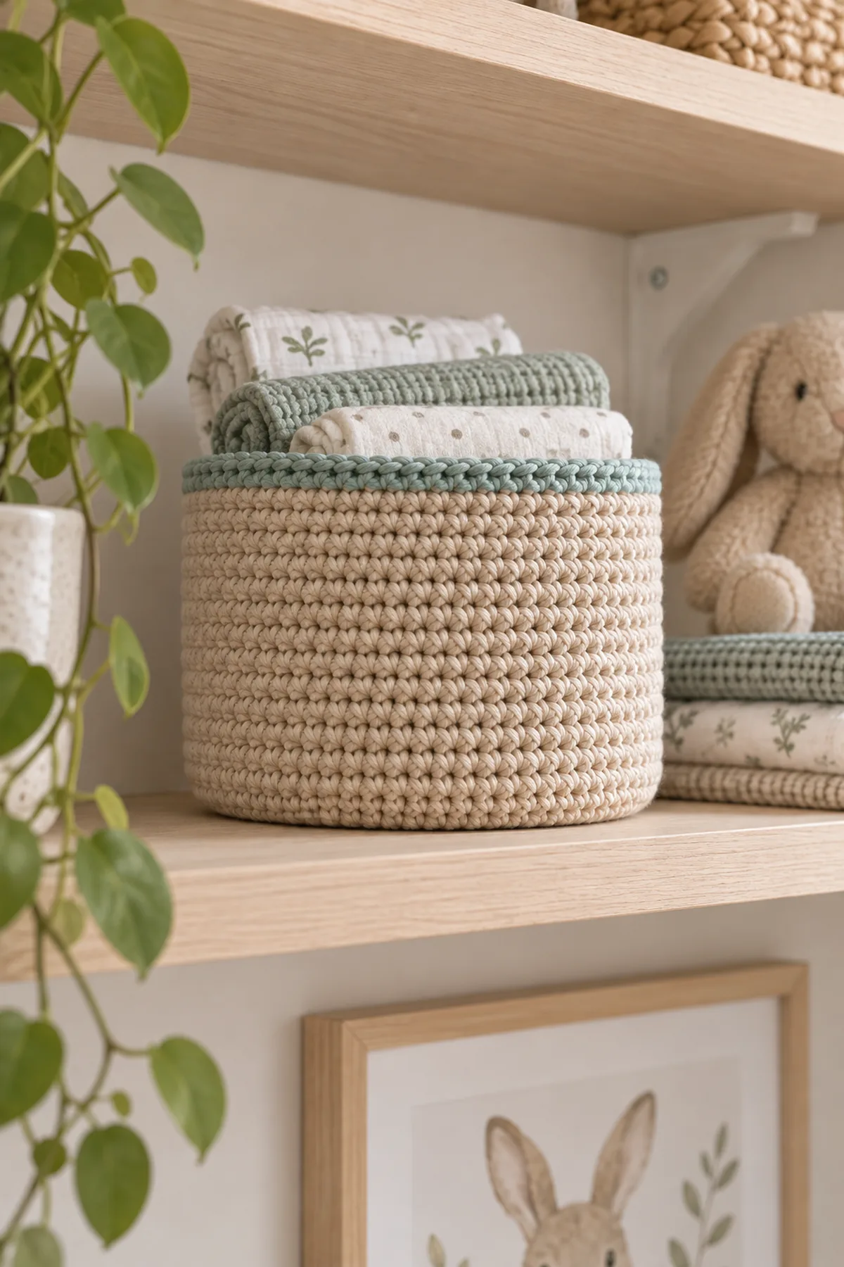 Finished sand and aqua handle-free nursery basket holding folded cloths on an out-of-reach shelf