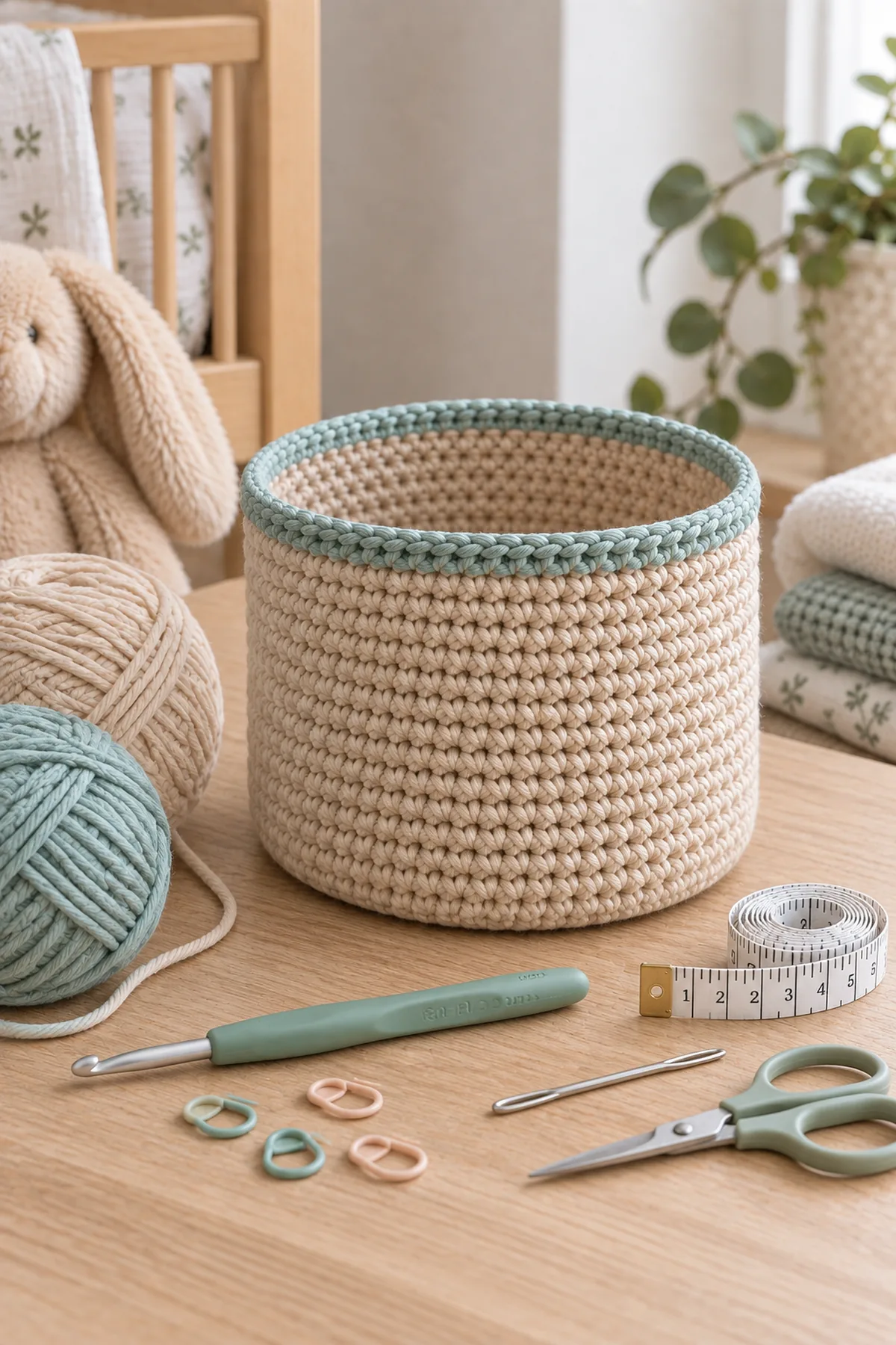 Sand-beige and muted-aqua worsted cotton yarn, 5 mm hook, markers, tape measure, needle, and scissors
