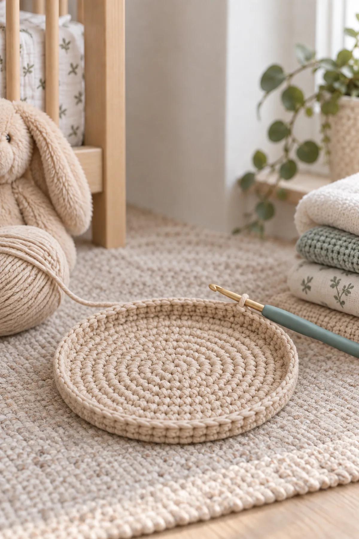 Early flat sand-beige circular basket base with evenly spaced counted increases and hook