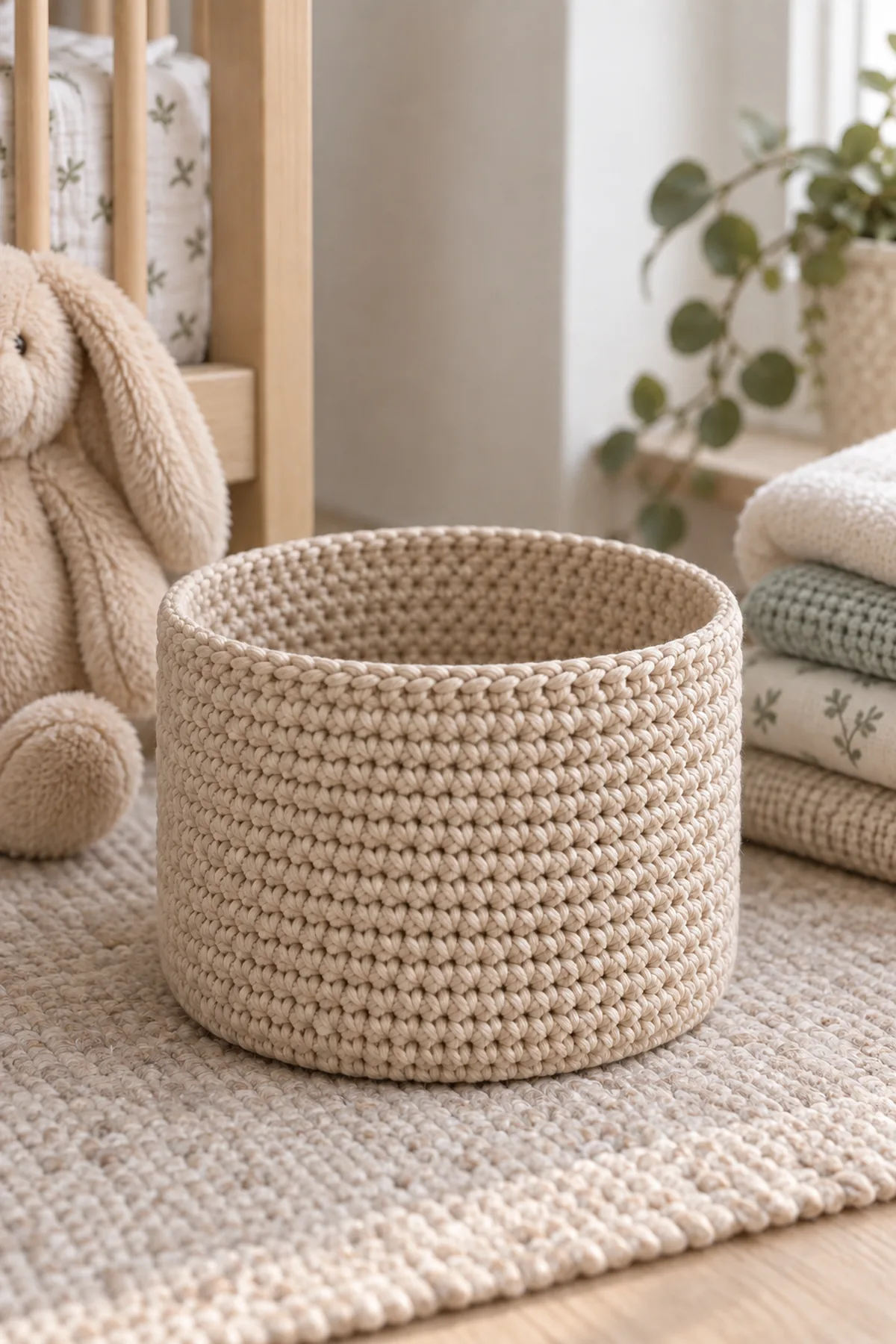 Sand-beige nursery basket after straight side rounds and before the aqua rim