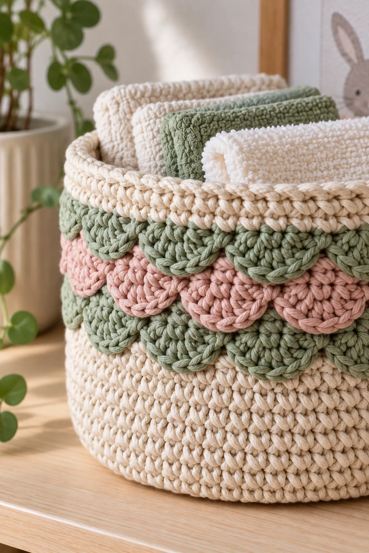 Close-up of the stitch texture and securely finished details on crochet scallop nursery storage basket