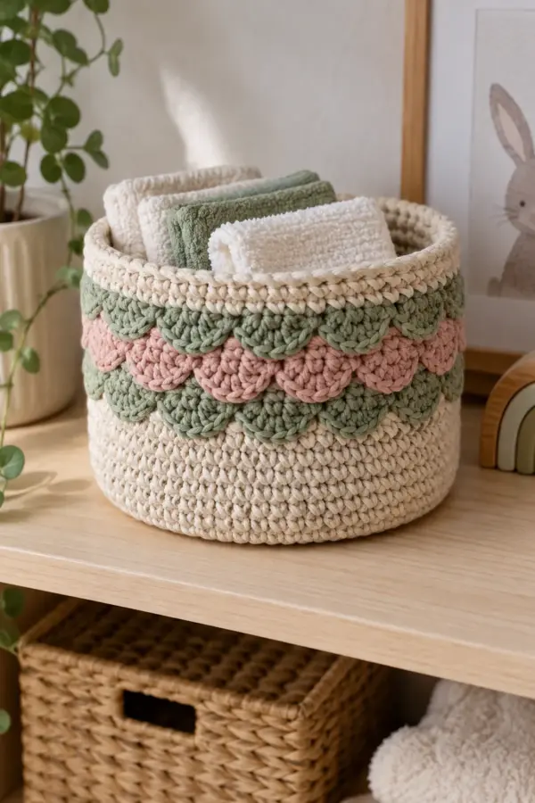 Finished crochet scallop nursery storage basket in soft cream and sage yarn on a neutral nursery surface
