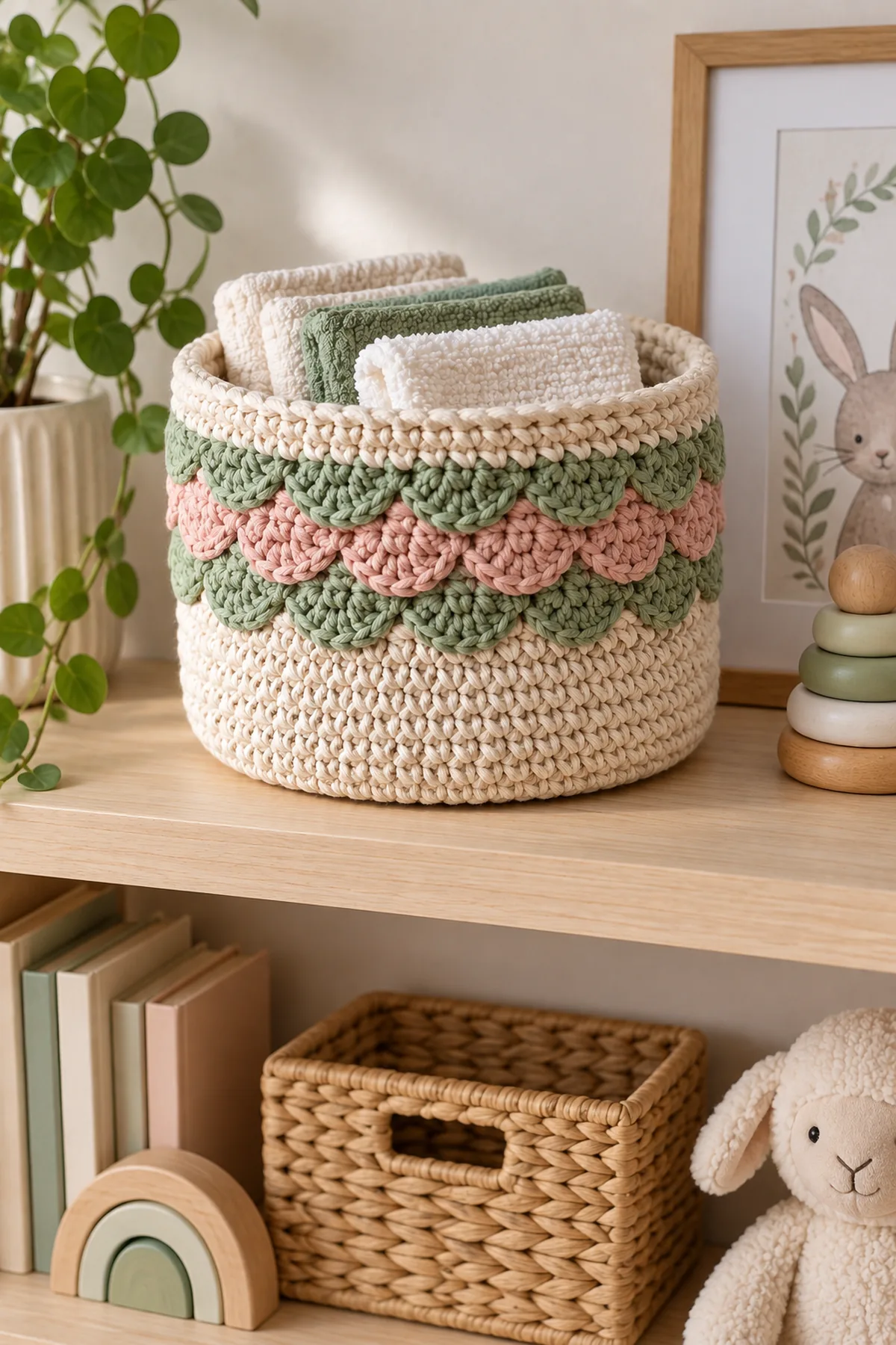 Finished crochet scallop nursery storage basket styled in a calm bright nursery setting without a baby present