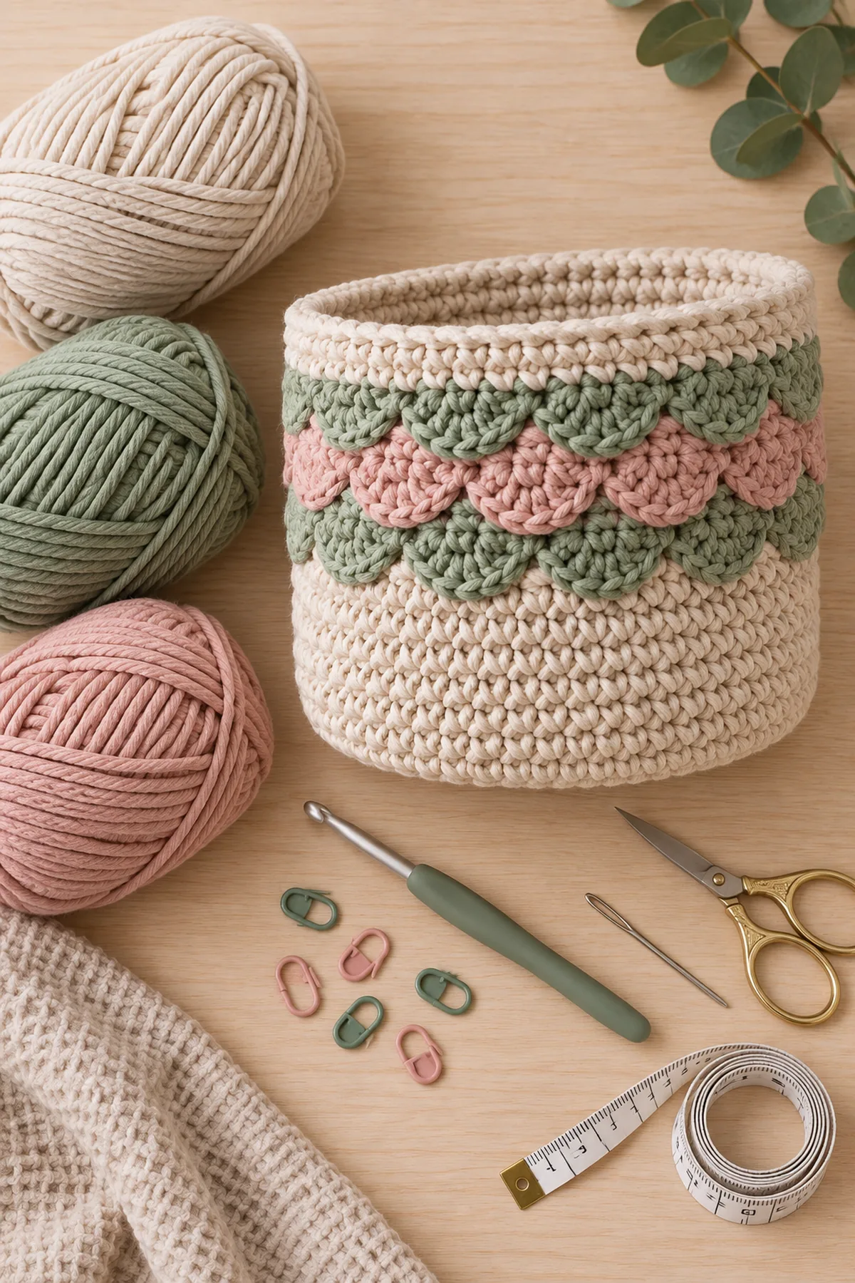 Baby-friendly yarn, crochet hook, stitch markers, tape measure, yarn needle, and scissors for crochet scallop nursery storage basket