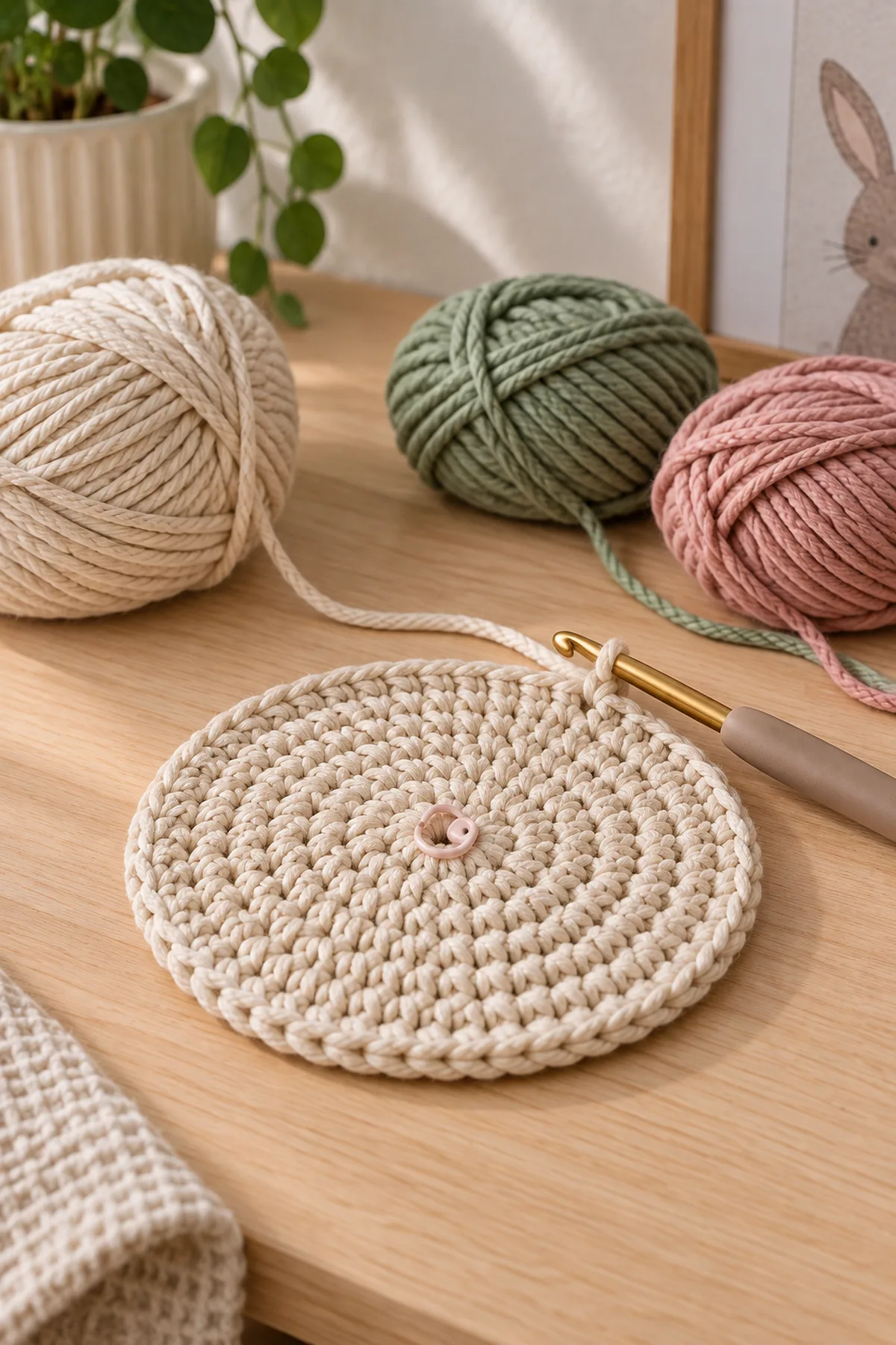 Early counted crochet stage of crochet scallop nursery storage basket with matching yarn and hook