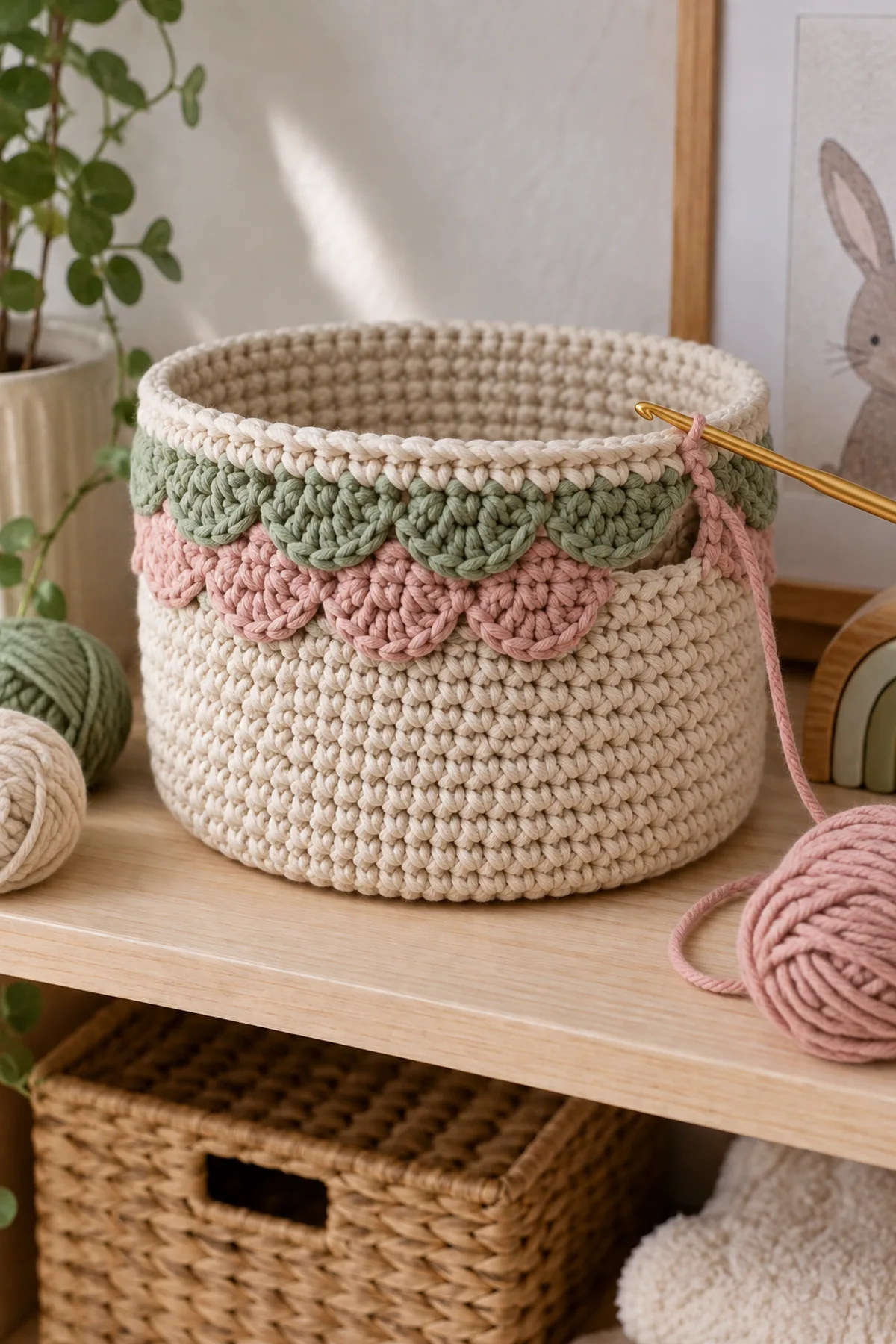 Mid-process construction of crochet scallop nursery storage basket showing the established shape