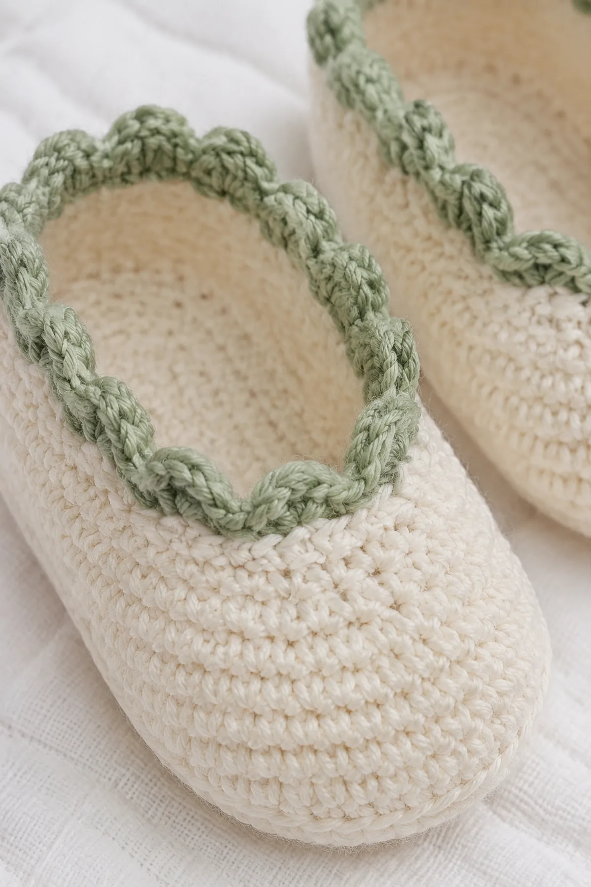 Close-up of the stitch texture and securely finished details on crochet scalloped baby shoes