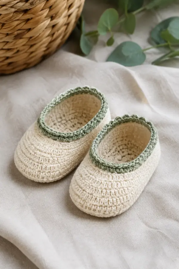 Finished crochet scalloped baby shoes in soft cream and sage yarn on a neutral nursery surface