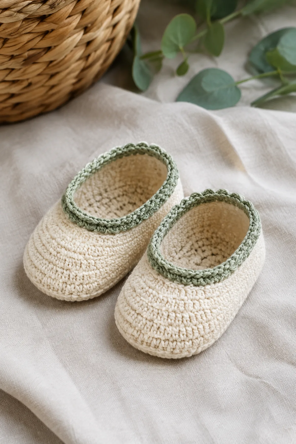 Finished crochet scalloped baby shoes in soft cream and sage yarn on a neutral nursery surface