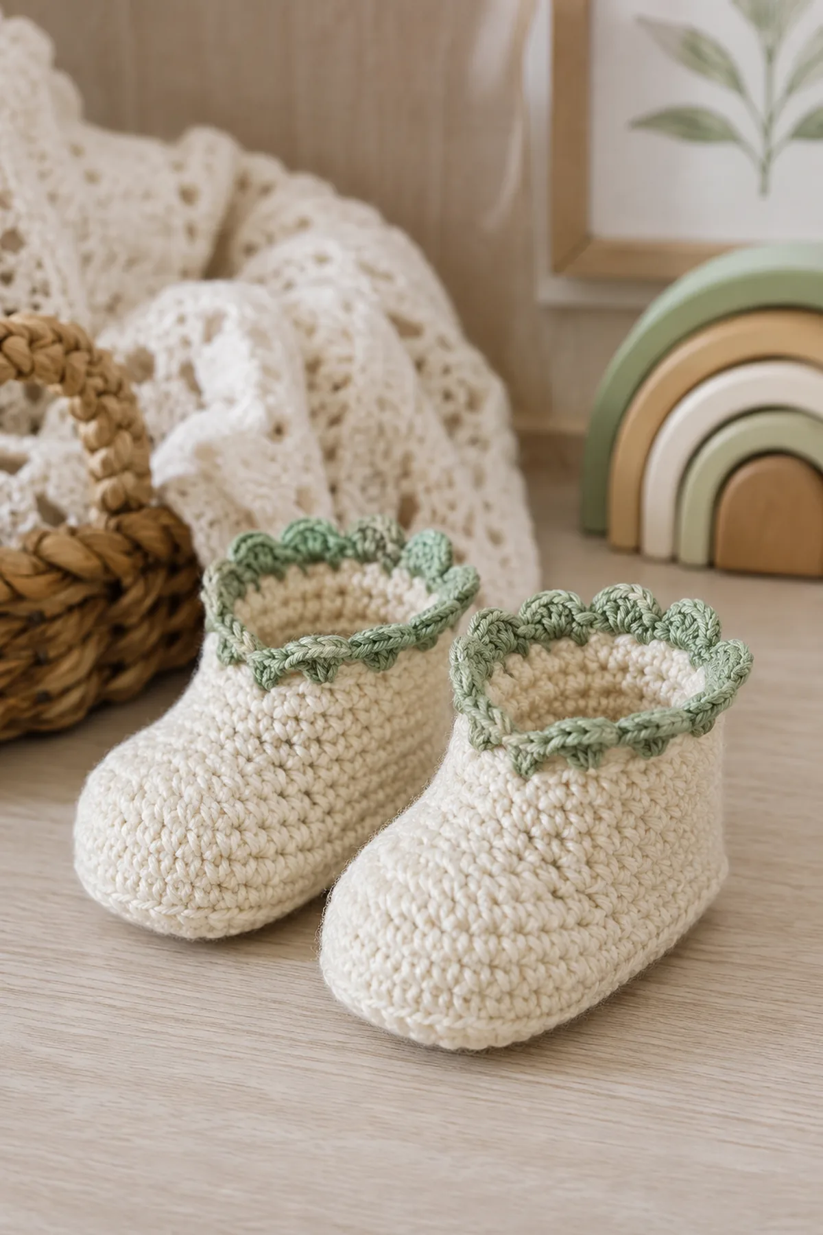 Finished crochet scalloped baby shoes styled in a calm bright nursery setting without a baby present