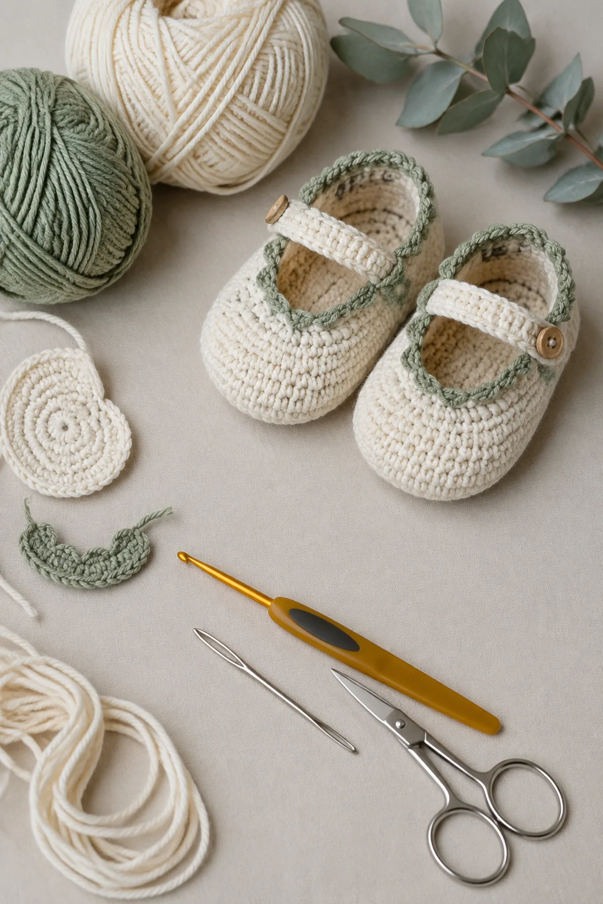 Baby-friendly yarn, crochet hook, stitch markers, tape measure, yarn needle, and scissors for crochet scalloped baby shoes