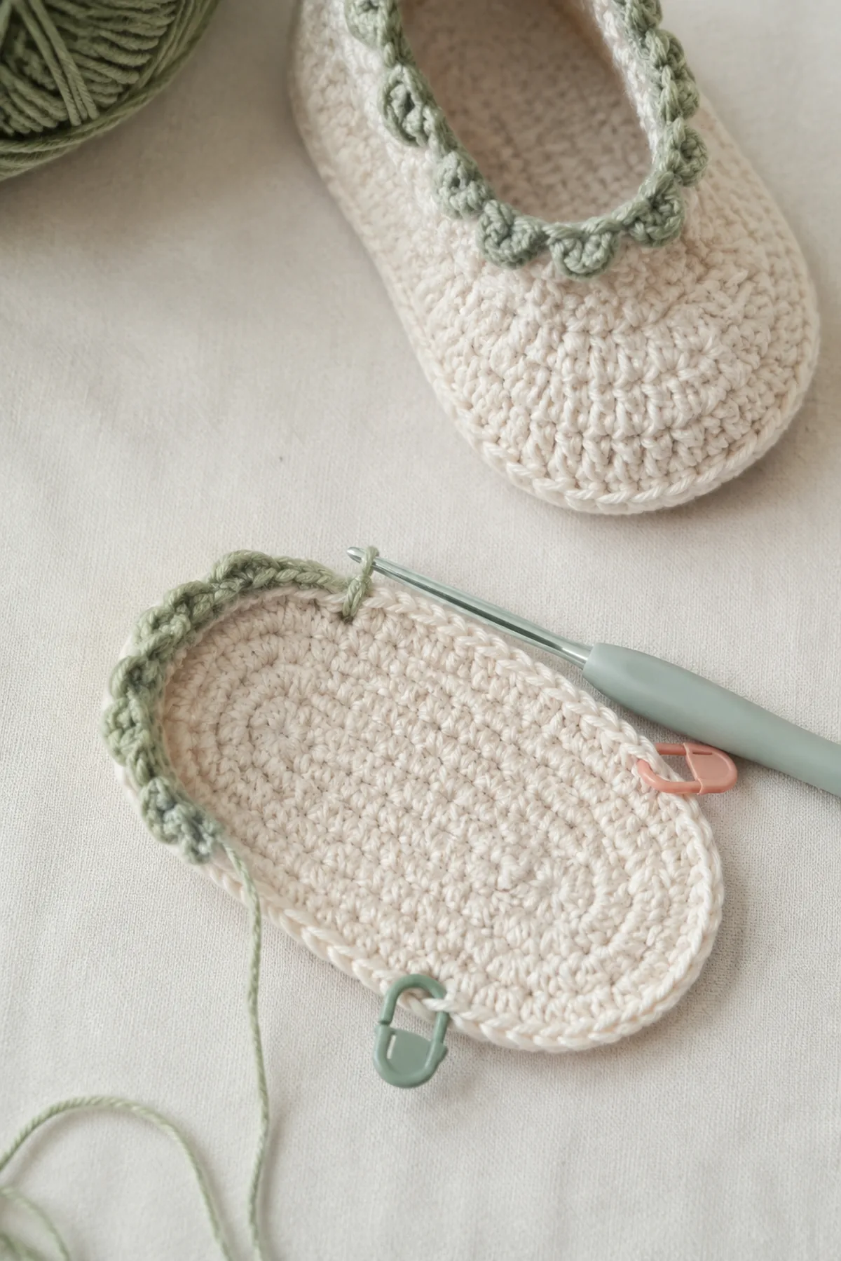 Early counted crochet stage of crochet scalloped baby shoes with matching yarn and hook
