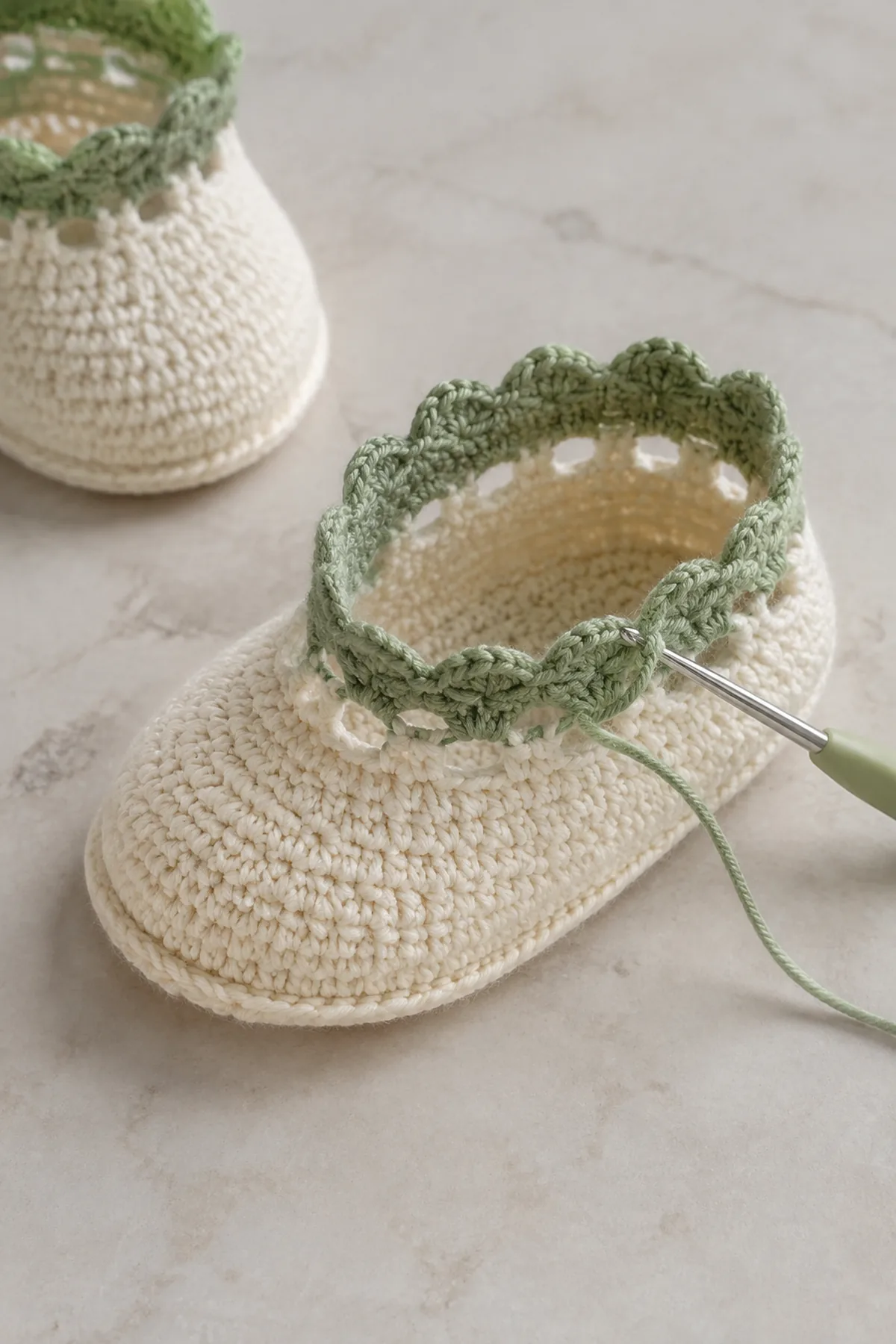 Mid-process construction of crochet scalloped baby shoes showing the established shape