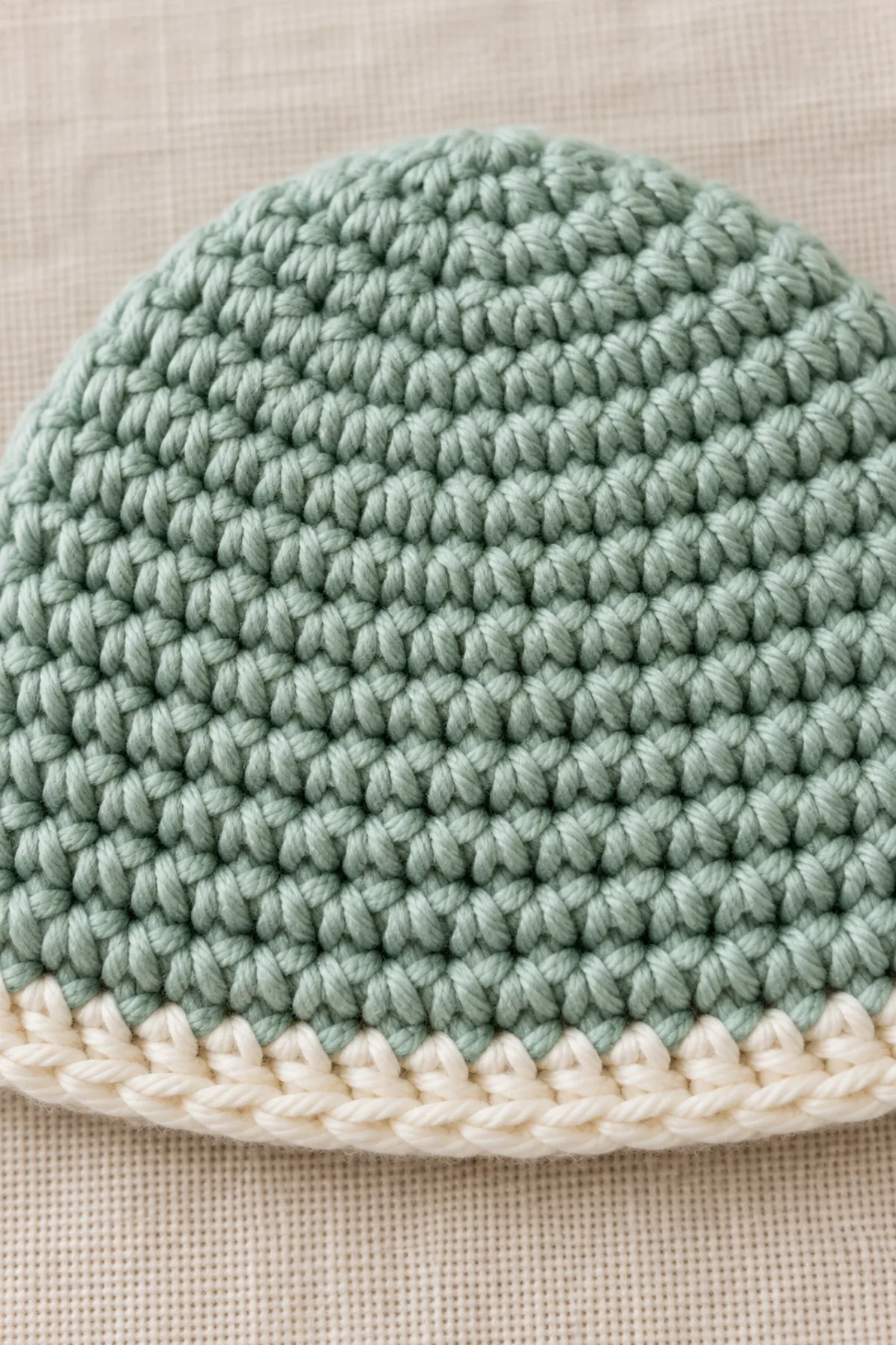 Close-up of the sea-glass green single-crochet crown and slim ivory slip-stitch edge, showing even stitch tension