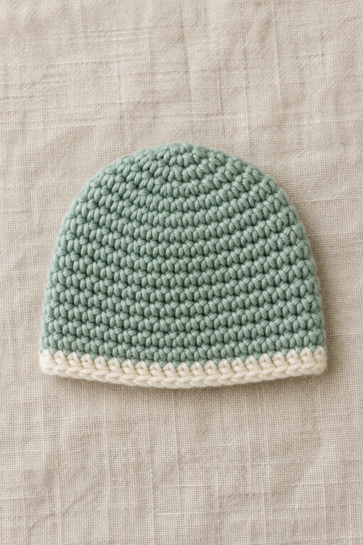 Finished sea-glass green crochet newborn beanie with a smooth round crown and slim ivory lower edge on a neutral linen surface