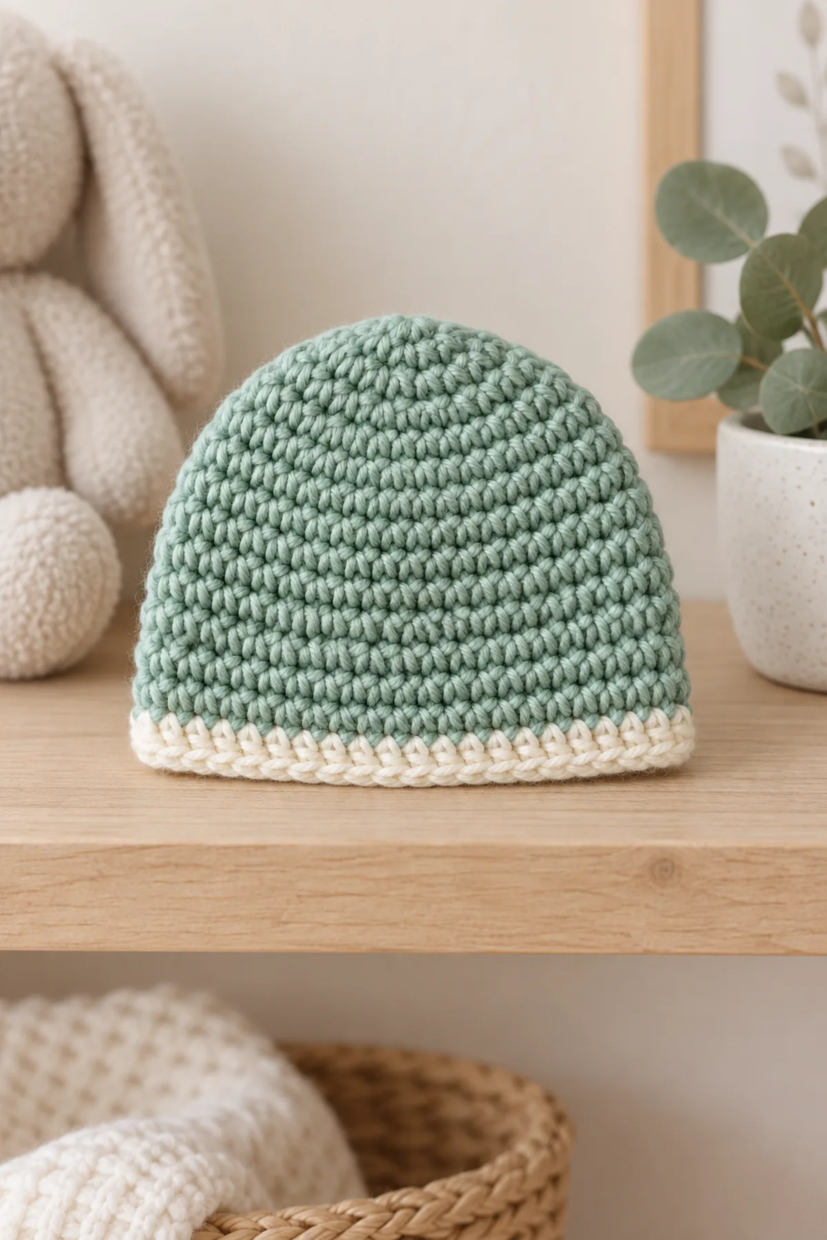 Finished sea-glass green and ivory crochet newborn beanie displayed on a neutral nursery shelf without a baby