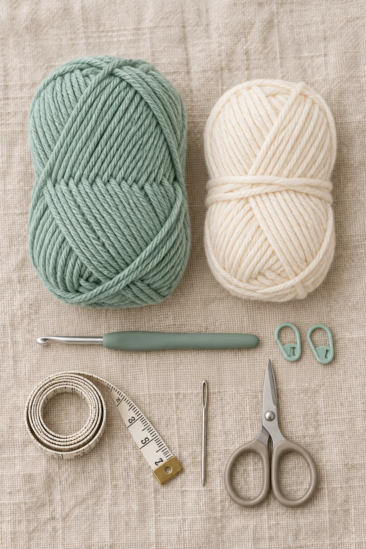 Sea-glass green and ivory washable DK yarn, 3.5 mm crochet hook, two stitch markers, tape measure, yarn needle, and scissors