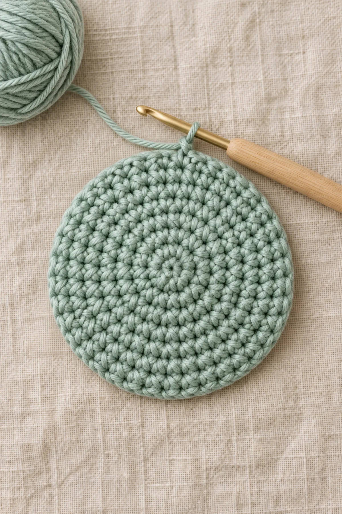 Early sea-glass green circular beanie crown with 8 and 16 stitch rounds marked, beside matching yarn and hook