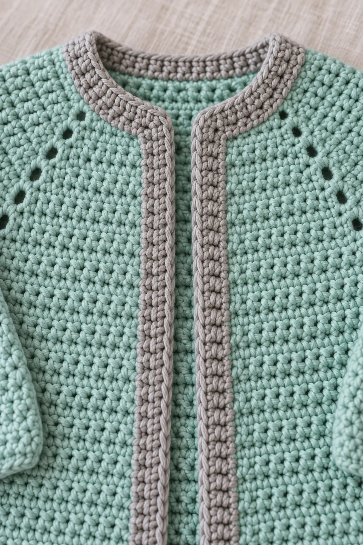 Close view of counted seafoam raglan seam and narrow pebble-gray button-free front edge