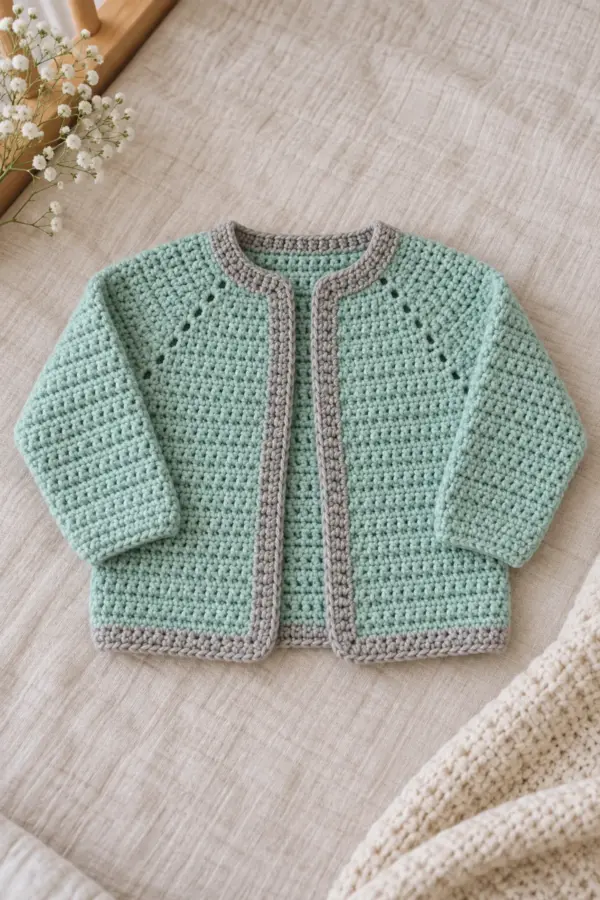 Finished seafoam open-front crochet baby cardigan with pebble-gray edge, raglan lines, and matching sleeves without buttons