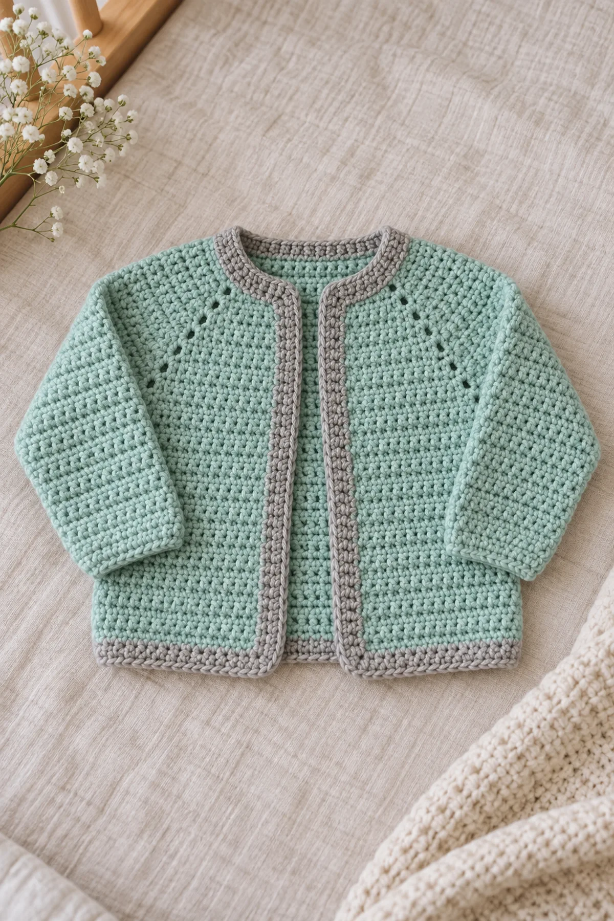 Finished seafoam open-front crochet baby cardigan with pebble-gray edge, raglan lines, and matching sleeves without buttons
