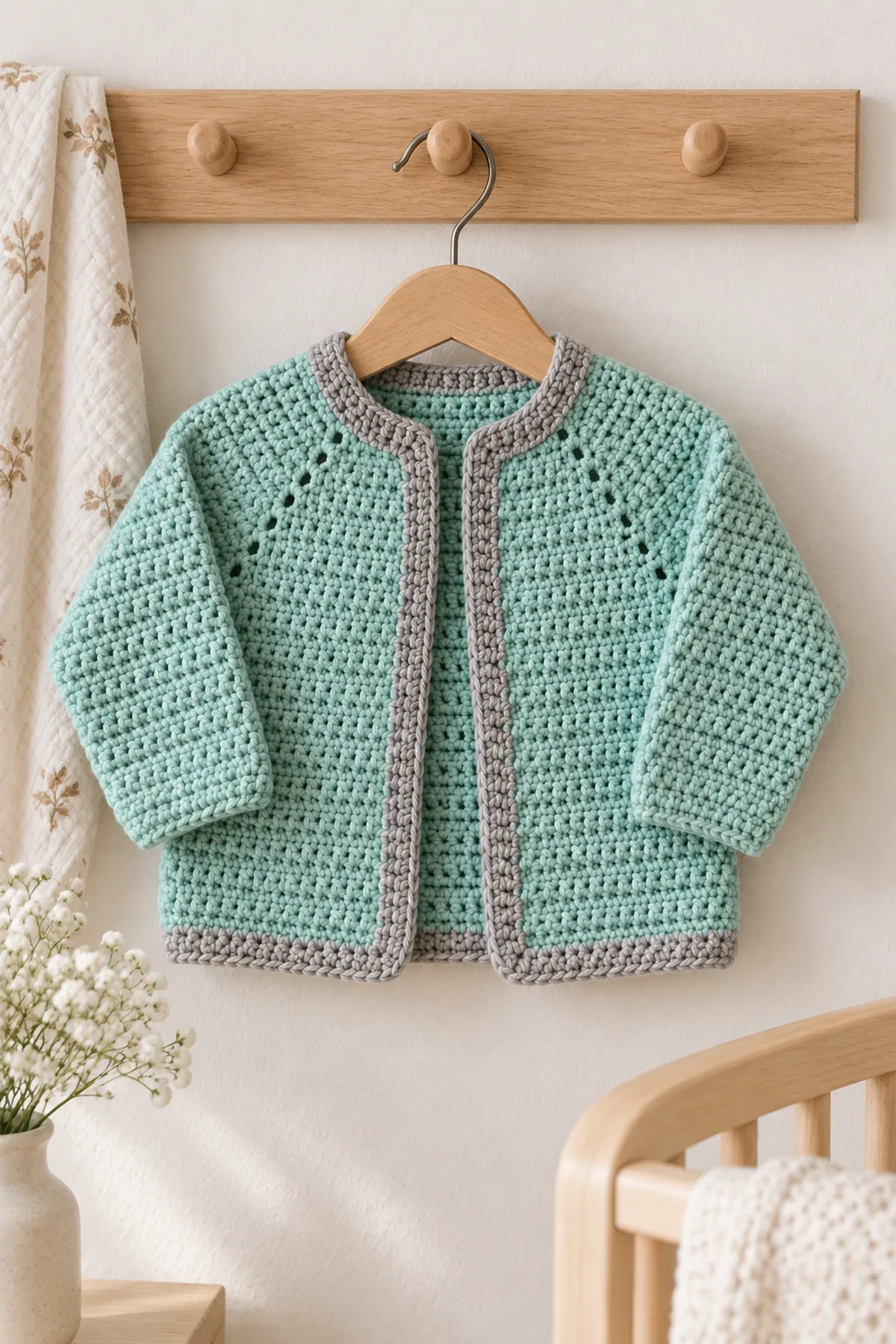 Finished seafoam and pebble-gray crochet baby cardigan hung on a plain nursery peg without a baby