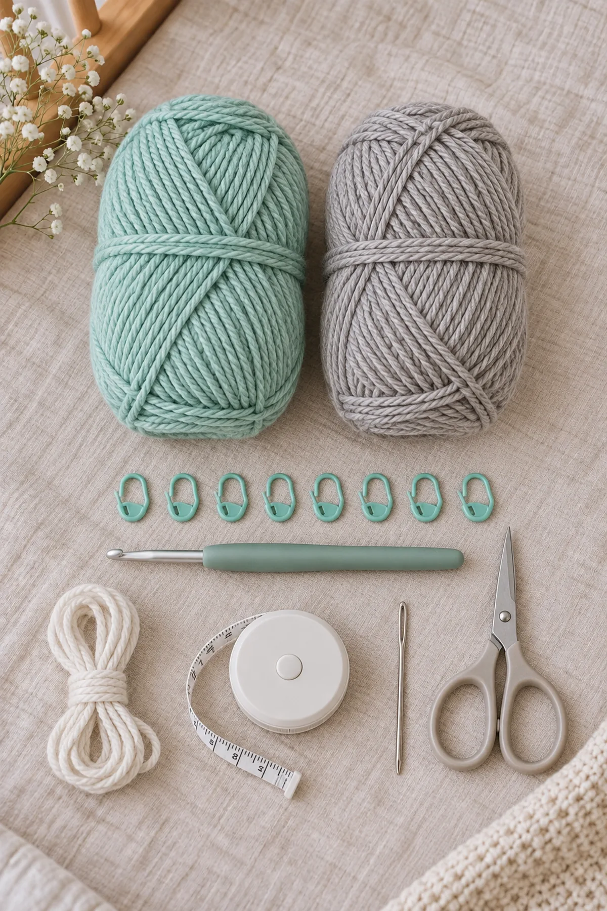 Seafoam and pebble-gray DK yarn, 4 mm hook, eight markers, waste yarn, tape measure, needle, and scissors