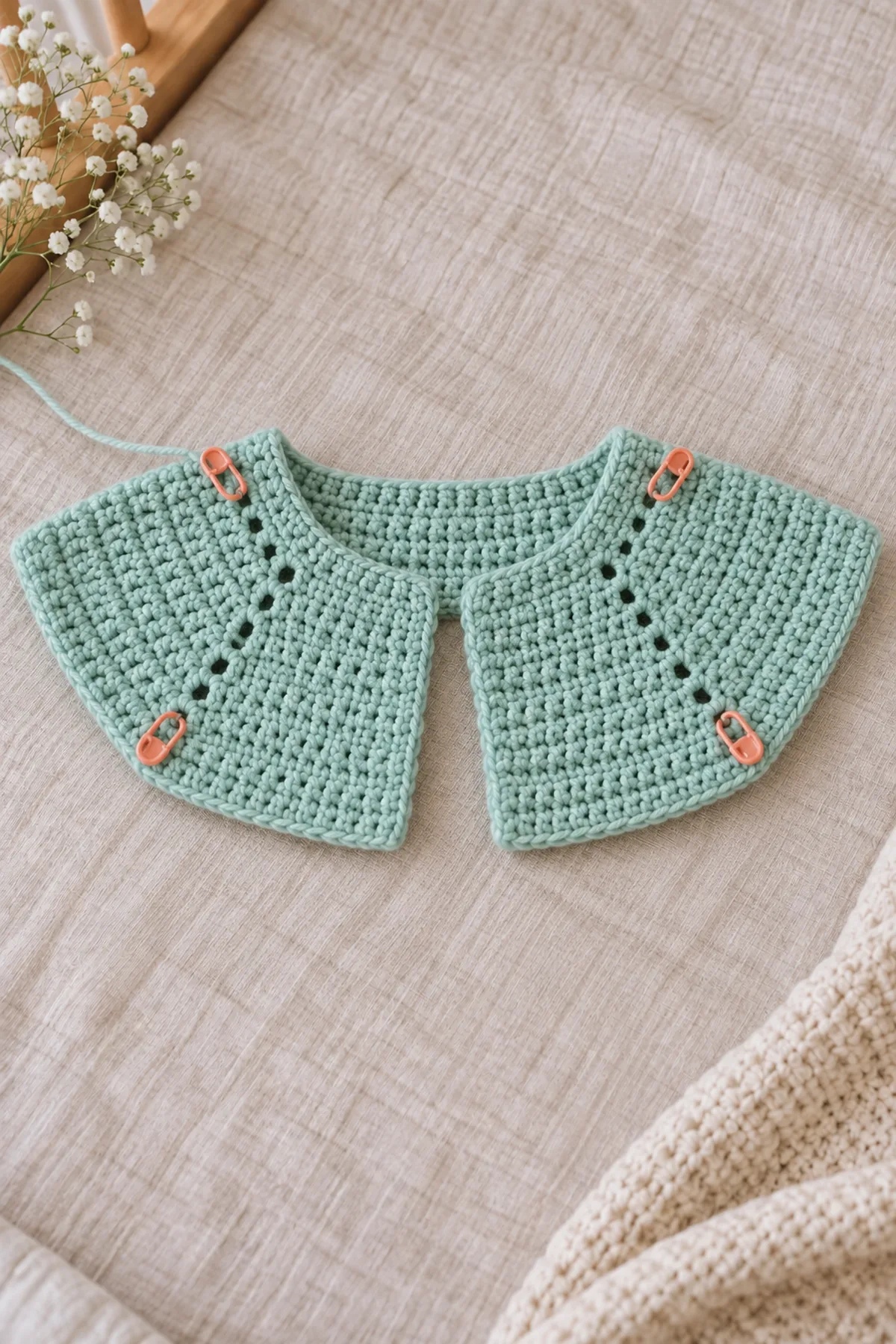 Shallow seafoam crochet cardigan yoke with four marked raglan increase points