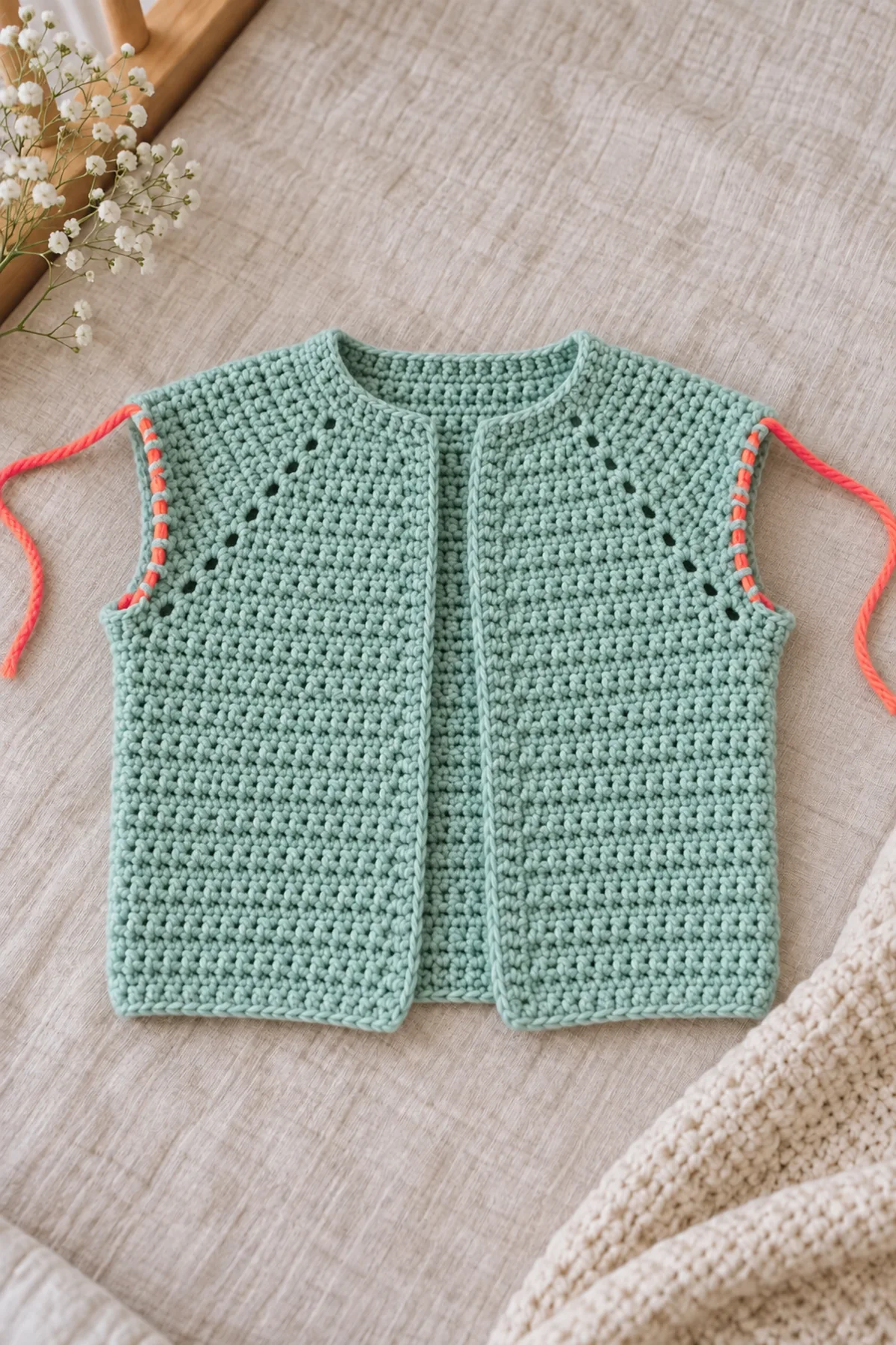 Seafoam cardigan body after sleeve separation with sleeve stitches held on contrasting waste yarn