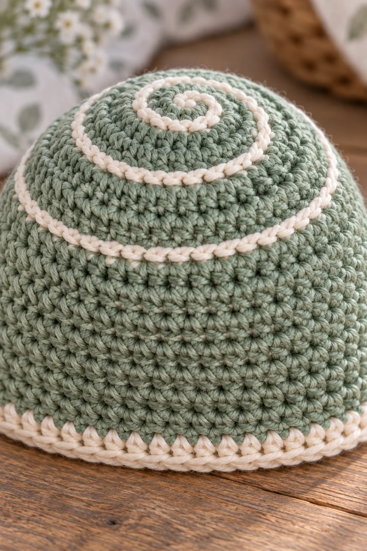 Close view of the seagrass stitches, narrow cream surface-crochet spiral, and neat cream slip-stitch lower edge