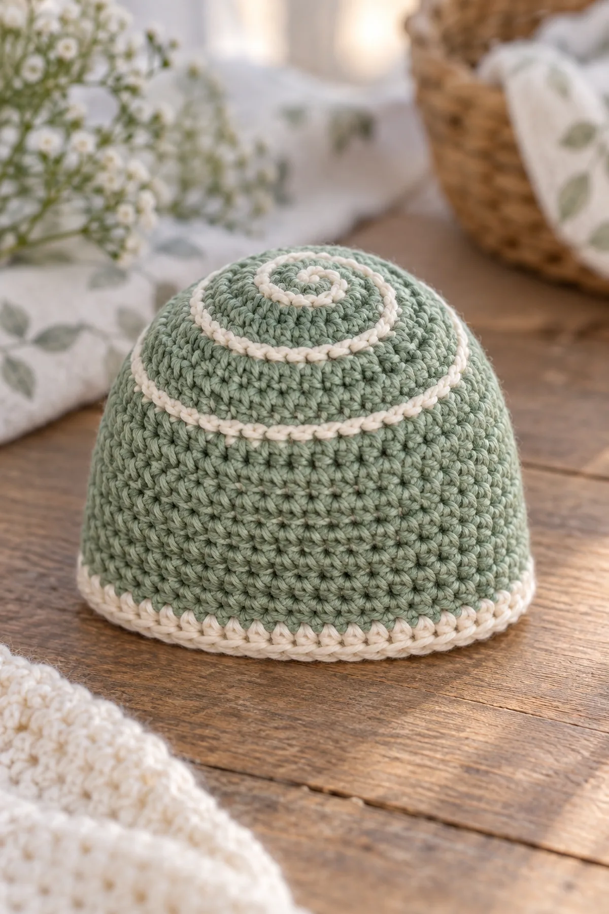 Finished tie-free muted seagrass crochet baby hat with a narrow cream surface spiral and cream lower edge