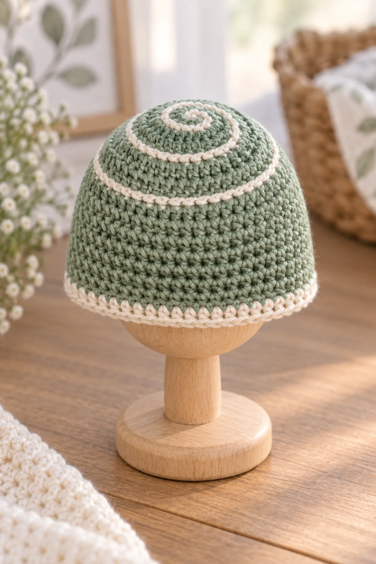 Finished tie-free seagrass and cream spiral baby hat displayed on a plain wooden nursery peg without a baby
