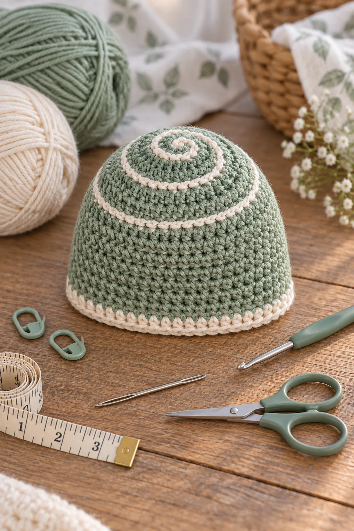 Muted seagrass and cream washable DK yarn, 3.5 mm hook, two markers, tape measure, needle, and scissors