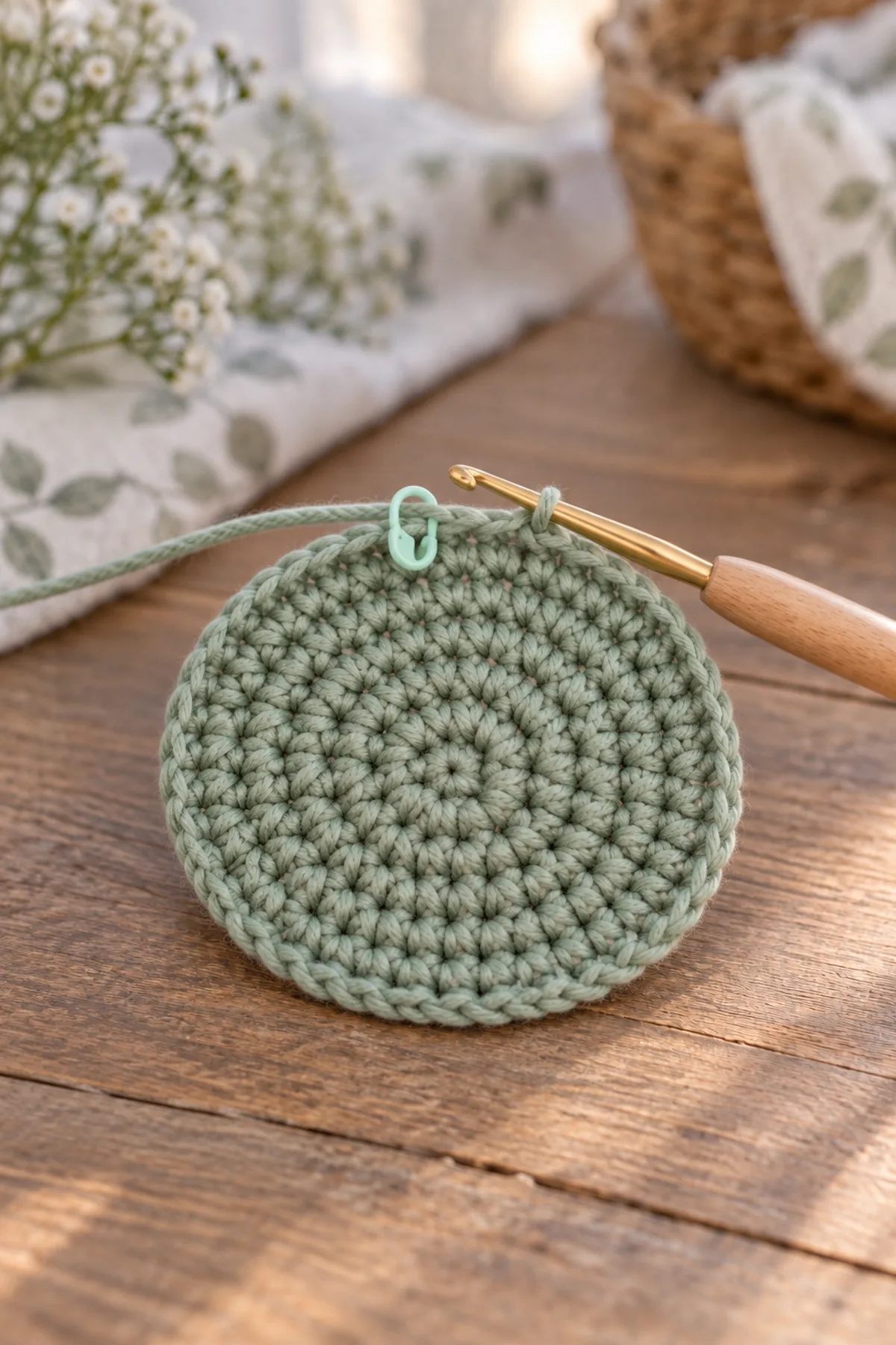 Seagrass crochet bonnet crown increased evenly to 40 stitches with marker and hook