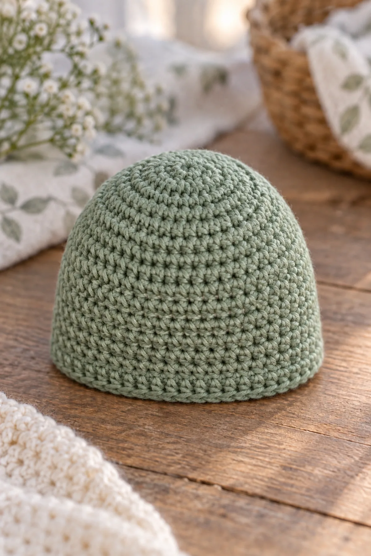 Unfinished seagrass baby hat after straight depth rounds and before cream surface spiral and edging