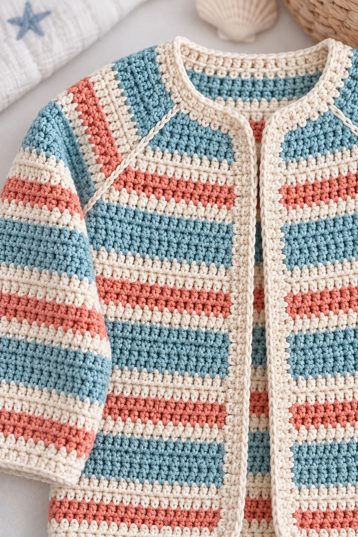 Close-up of the stitch texture and securely finished details on crochet seaside stripe baby cardigan