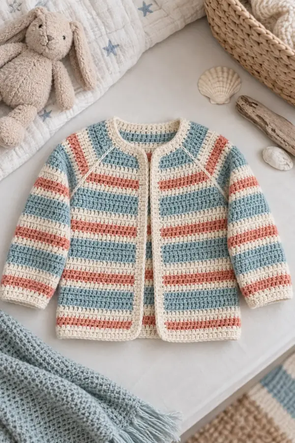 Finished crochet seaside stripe baby cardigan in soft cream and sage yarn on a neutral nursery surface
