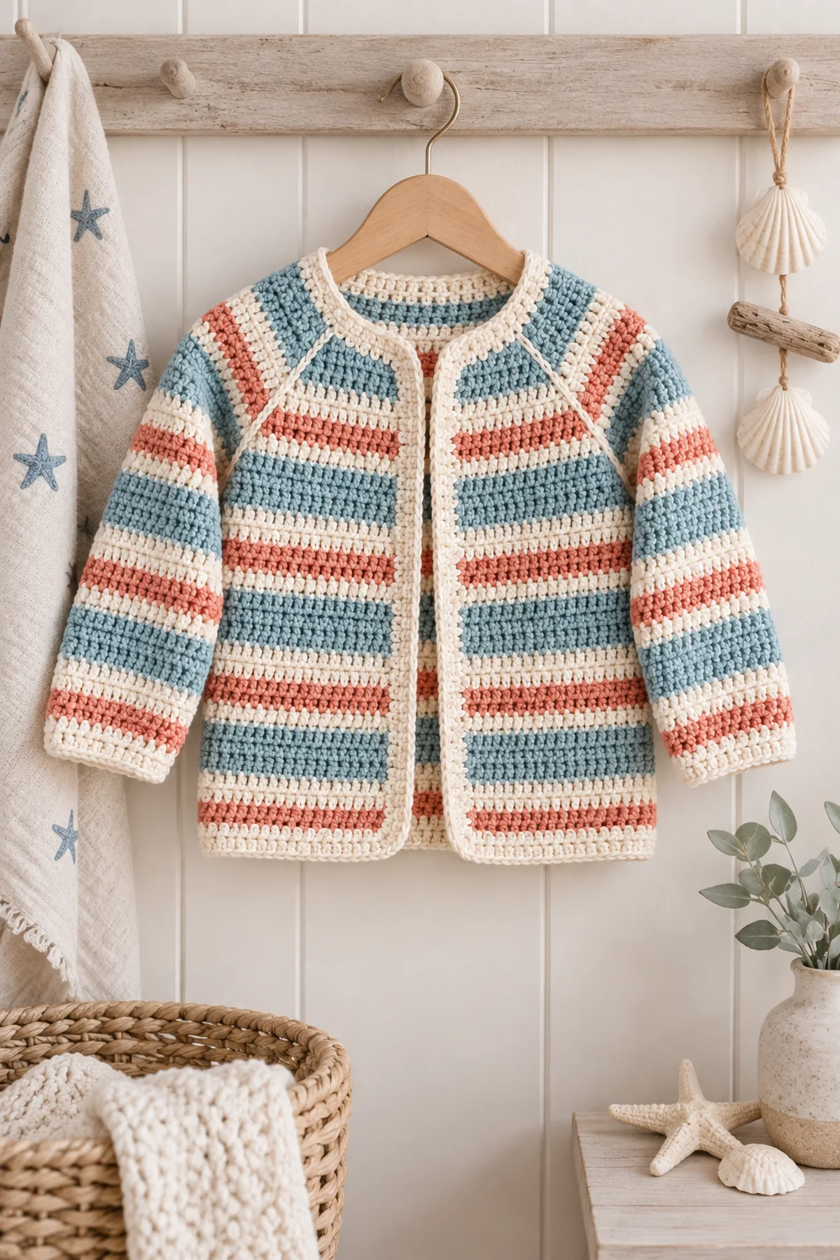 Finished crochet seaside stripe baby cardigan styled in a calm bright nursery setting without a baby present