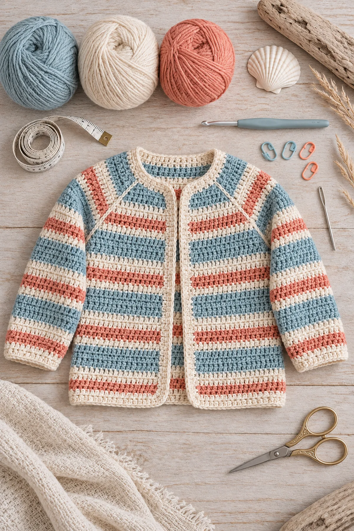 Baby-friendly yarn, crochet hook, stitch markers, tape measure, yarn needle, and scissors for crochet seaside stripe baby cardigan