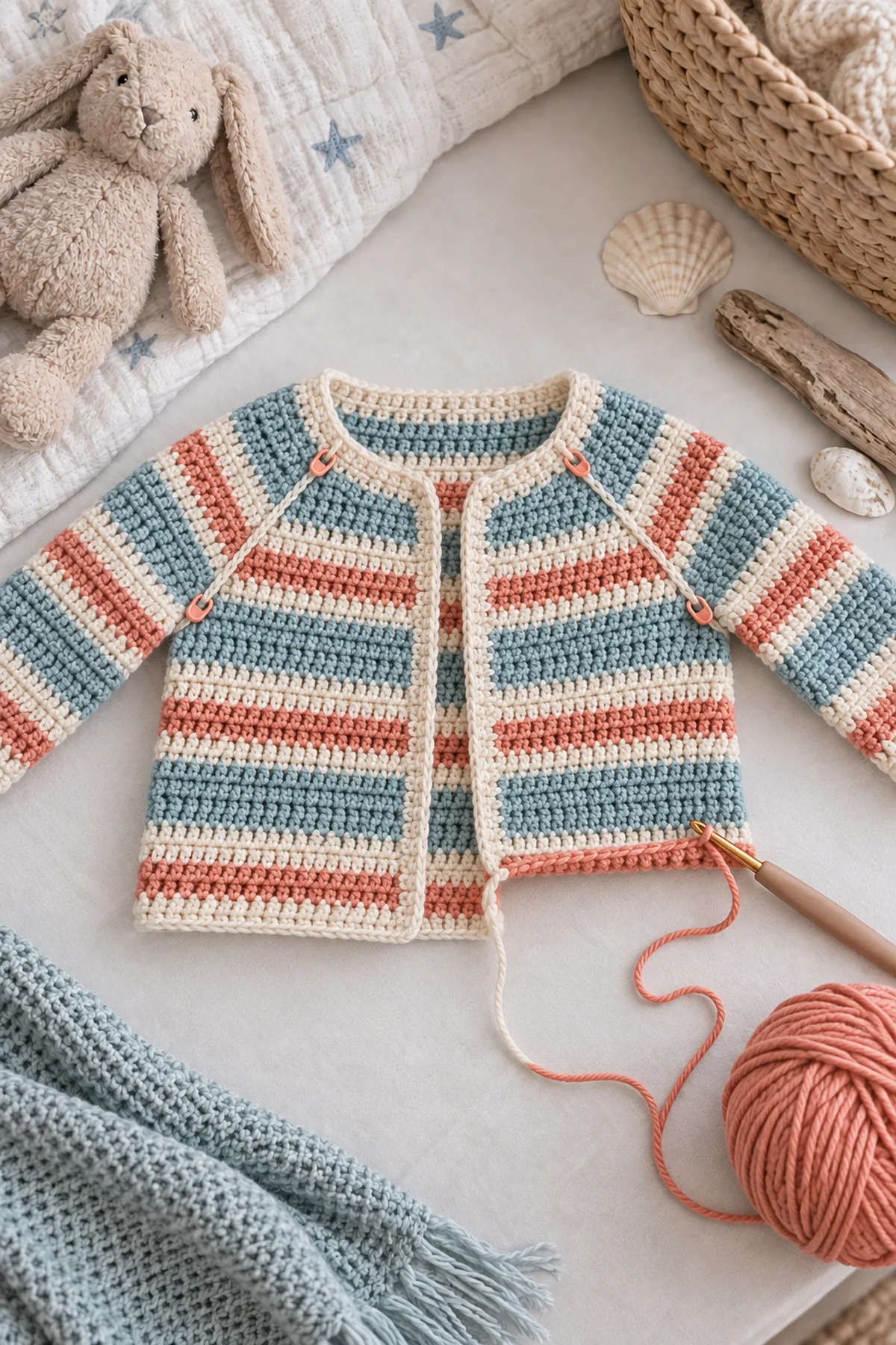 Early counted crochet stage of crochet seaside stripe baby cardigan with matching yarn and hook