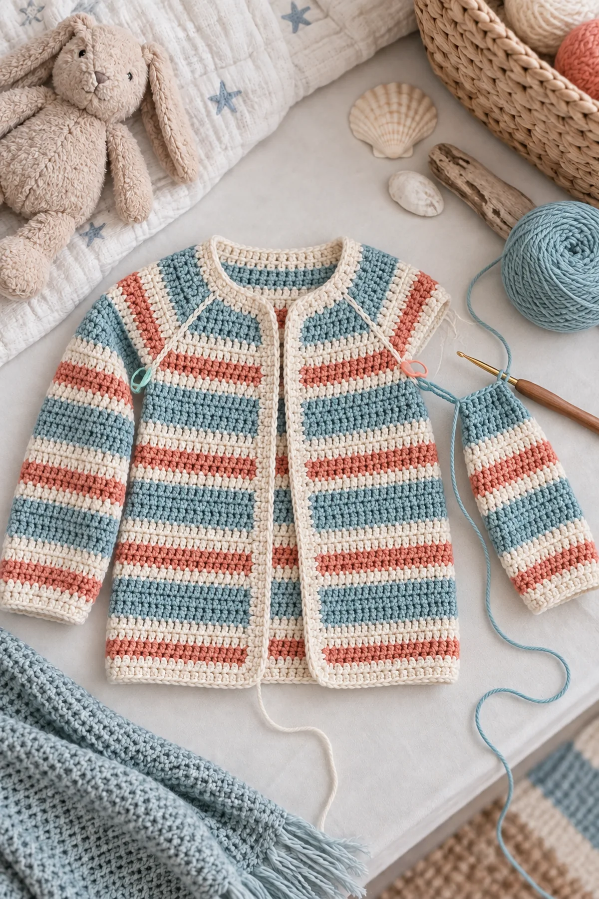 Mid-process construction of crochet seaside stripe baby cardigan showing the established shape
