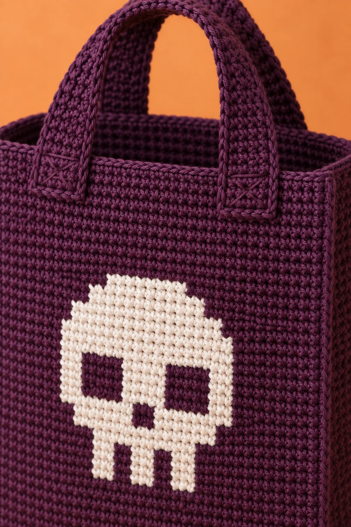 Close-up of aubergine crochet tote handle overlapping the inside top edge with secure box-and-cross stitching and dense three-round edging