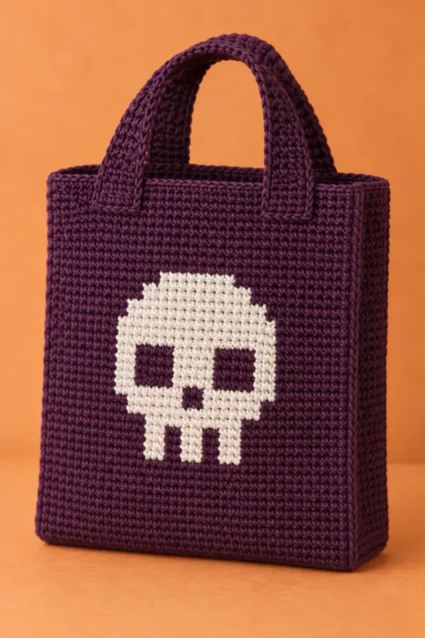 Small adult aubergine cotton crochet box-bottom tote with one centered ivory pixel skull, black negative-space eye sockets and three short paired teeth, two short wide aubergine handles, plain back and narrow side gussets