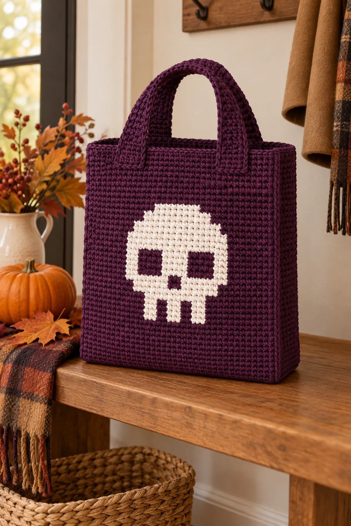 Finished aubergine crochet skull tote with two short handles standing on its small flat base on an autumn entryway bench, no child and no branded decorations